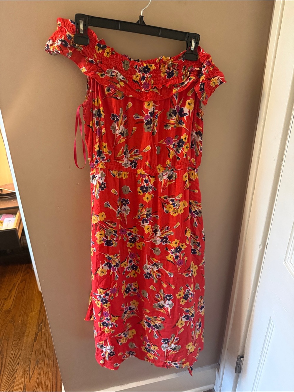 Anthropologie womens Red Floral Off-Shoulder Midi Dress